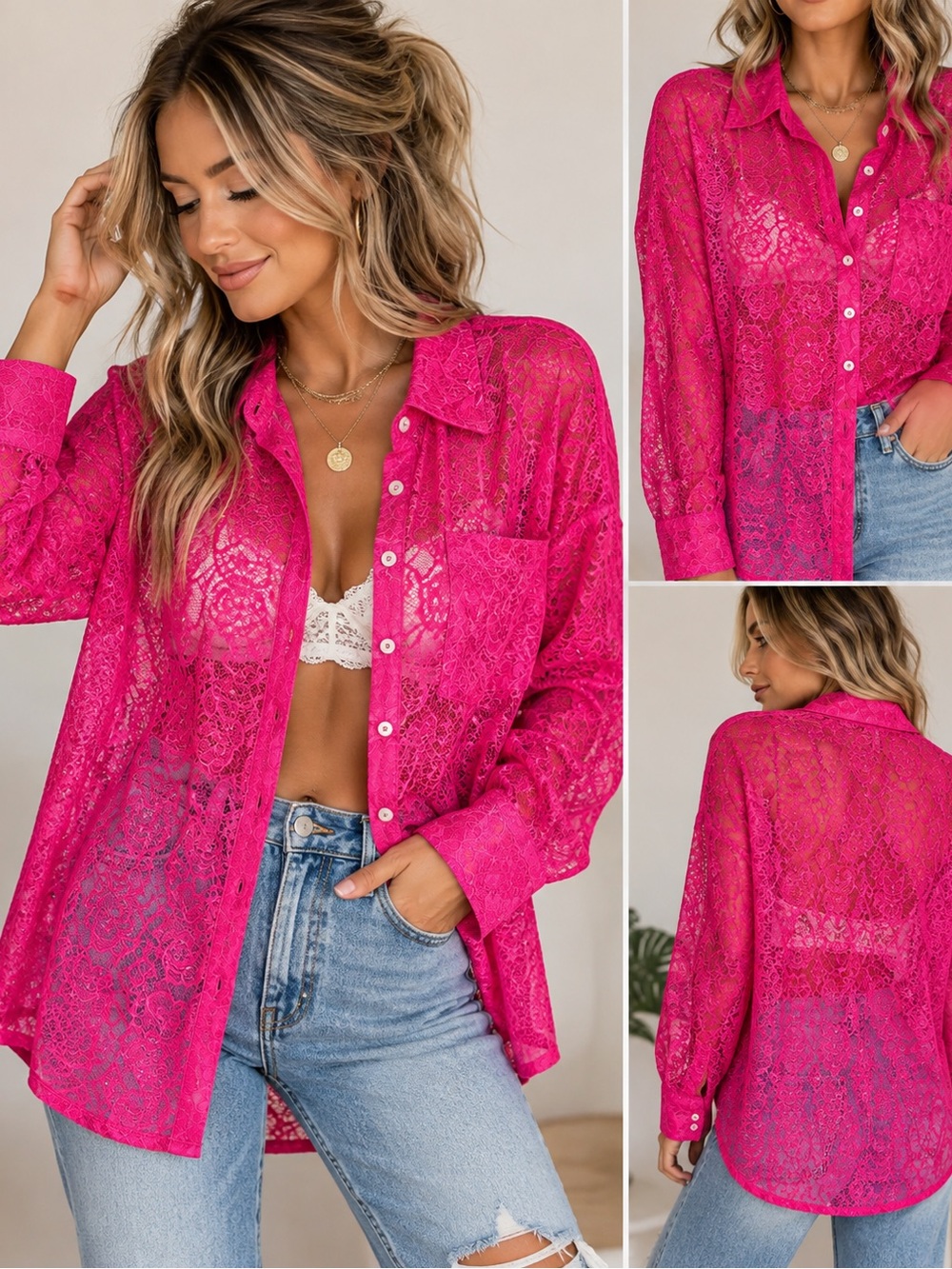 Anthropologie Hot Pink Lace Button Down Blouse Sheer Top Size S
